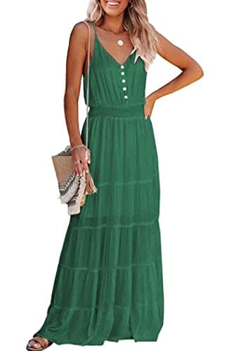 PRETTYGARDEN Women's Casual Summer Dress Spaghetti Strap Sleeveless High Waist Beach Long Maxi Sun Dresses (Grass Green,Small) - Image 1