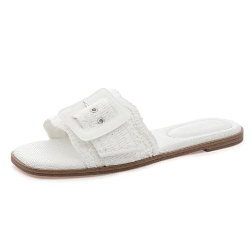 Rihero Flat Sandals for Women Square Toe Raffia Slide Sandals Summer Dressy Slip On Buckle Straw White Beach Slides White Size 5.5 - Image 1