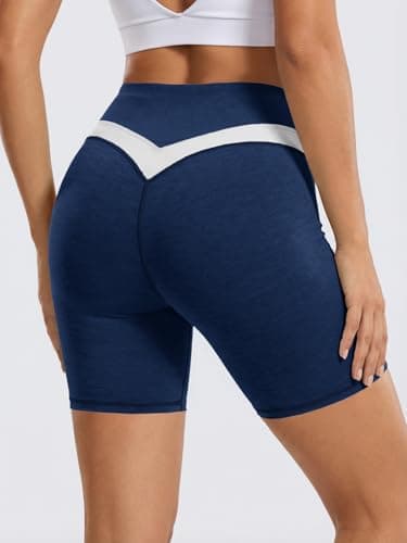 Aoysky Womens 6" High Waisted Butt Lifting Biker Shorts Buttery Soft Color Block Yoga Running Volleyball Athletic Shorts Navy - Thumbnail 3