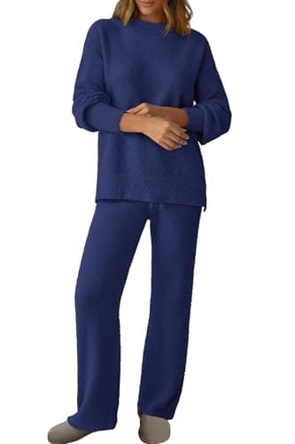 GKBK Women's 2 Piece Fuzzy Fleece Pajama Set Long Sleeve Crew Neck Top Fluffy Pajama Pants Loungewear Royal Blue L - Thumbnail 4