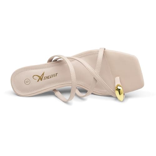 Athlefit Strappy Kitten Heels for Women Square Open Toe Flip Flop Low Heels Slip On Fashion Dress Nude Heeled Sandals for Wedding Party Size 7.5 - Thumbnail 5