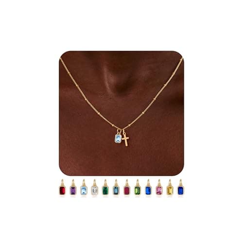 Turandoss Easter Basket Stuffers for Kids Teen Girls - Dainty 14K Gold Plated Cross Created Aquamarine March Birthstone Necklaces, 6 7 8 9 10 11 12 13 14 15 16 Years Old Birthday Easter Gifts - Image 1