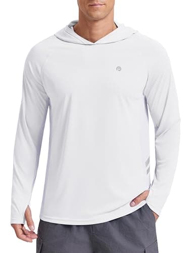 PINSPARK Men's UPF 50+ Fishing Shirts Long Sleeve UV Sun Hoodie, Hiking Running Swimming Surfing Athletic Workout Shirt L White - Image 1