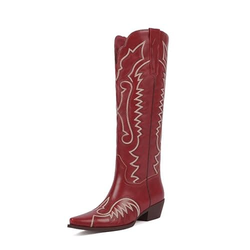 Easyfox Cowboy Boots for Women Embroidery Wine Red Cowgirl Boots Chunky Heel Knee High Tall Burgundy Western Boots Size 7 - Image 1