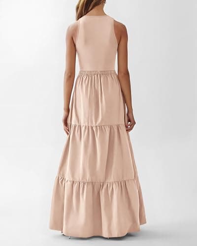 BTFBM Women Sleeveless Summer Dresses Wedding Guest Maxi Dresses Ribbed Knit Tops and Polyester Skirt with Pockets(Solid Beige,XX-Large) - Thumbnail 3