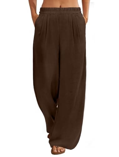 FireSwan Linen Pants Women Wide Leg Palazzo Pants Flowy Elastic Waist Summer Beach Casual Trousers with Pockets(Brown M) - Image 1