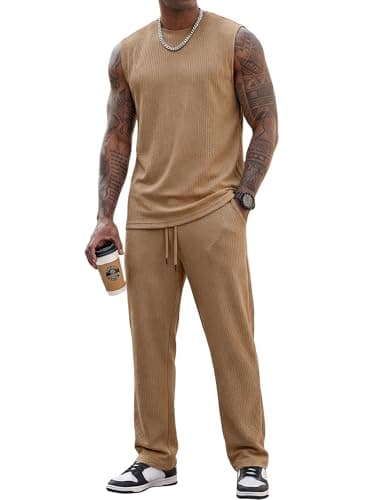 JMIERR Men Fashion 2 Piece Set Casual Muscle Tank Baggy Pants Stretch Textured Beach Street HipHop Sleeveless Shirts - Image 1