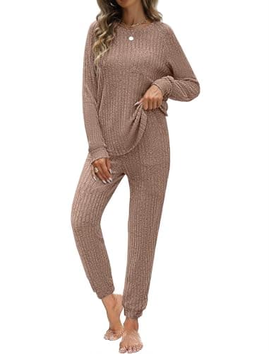 JUSTFASHIONNOW 2 Piece Outfits for Womens Long Sleeve Pajamas Set Ribbed Knit Lounge Sets Cozy Sweater Jogging Set Loungewear Sweatsuits with Pockets Coffee S - Image 1