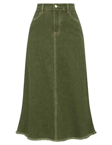 Belle Poque Vintage Maxi Long Denim Skirt Elastic High Waisted Frayed Raw Hem Jean Skirts for Women Army Green Small - Image 1
