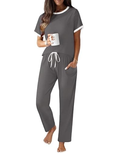 KBKBSN Women 2 Piece Outfits 2026 Summer Casual Pajamas Short Sleeve Top Lounge Sets Long Pants Tracksuits Set with Pocket Darkgray01 XXL - Image 1