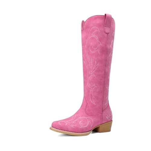 DREAM PAIRS Womens Cowboy Boots Comfortable Cowgirl Knee High Boots Pull On Side Zipper Chunky Heel Embroidered Western Boots,Size 9.5,Hot Pink,DWUMKB2502 - Image 1