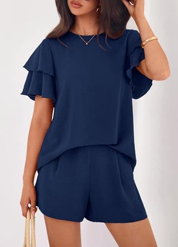 KIRUNDO Two Piece Sets For Women Summer Casual Loose Ruffle Short Sleeve Matching Shorts Sets Beach Vacation Cruise Outfits(Navy, Large) - Thumbnail 6