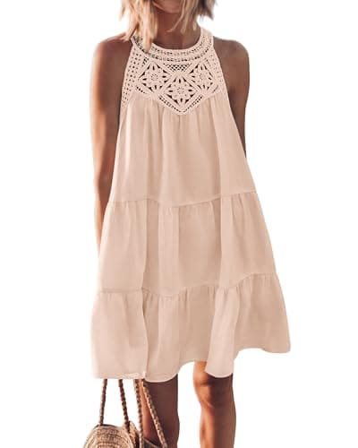 KIRUNDO Women Summer Halter Sundress 2026 Spring Casual Sleeveless Boho A Line Mini Beach Vacation Dress Cruise Resort Wear(Small, Apricot) - Image 1