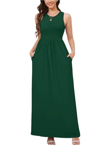 DEARCASE Sleeveless Maxi Dress for Women Dark Green Medium Wedding Guest A-line Casual Party Vintage Spring Summer Floor Length Ladies Beach Sundress Plain Vacation Long Flowy Dresses with Pockets - Image 1