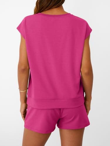 LILLUSORY Womens Lounge Two 2 piece Sets Summer Outfits 2026 Loungewear Matching Vacation Beach Travel Sweatsuits Sweat Tracksuits Pajamas Pjs Clothes Shorts Clothing Fashion Trendy Black Hot Pink L - Thumbnail 5