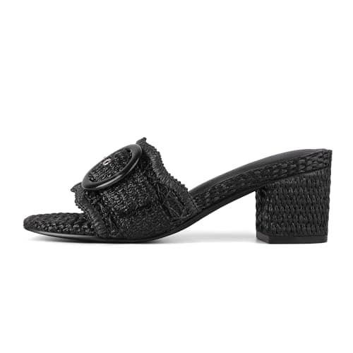Grakihily Womens Raffia Mule Slides Sandals Open Toe Backless Buckle Heeled Sandals Chunky Block Heel Bohemia Beach Dressy Slip on Summer Shoes,Black Size 6 - Image 1