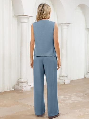 Casly Lamiit Womens Sets 2 Piece Outfits Summer Casual Lounge Travel Airport Clothes Matching Set Crew Neck Vest Waistcoat Wide Leg Pants Blue Grey 2XL - Thumbnail 4