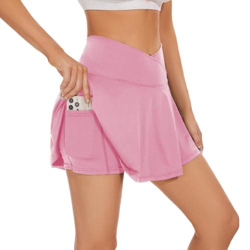 bpbtti Womens Pleated Tennis Skirt Crossover Golf Skorts Skirts with Pockets Activewear Summer Workout Running Shorts (Light Pink, XXL) - Image 1