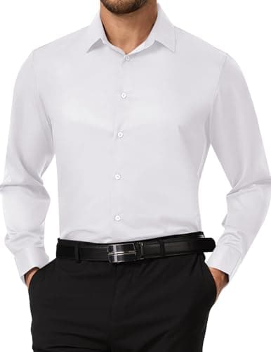 Biodeer White Dress Shirt for Men Long Sleeve Button Down Shirt Solid Business Casua Regular Fit Stretch Wrinke Free Shirts (White X-Large) - Image 1