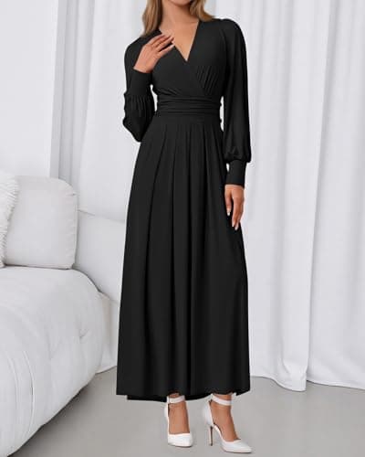 BTFBM Womens Long Sleeve Maxi Dress Fall 2025 Casual V Neck Knit A Line Flowy Pockets Elegant Party Wedding Guest Dresses(Black, Large) - Thumbnail 4