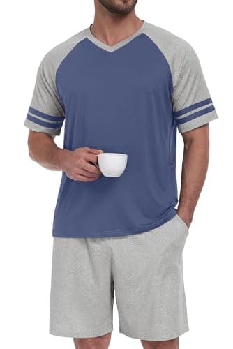 PrinStory Mens Pajamas Set Short Sleeve Lightweight and Soft Pajama Sets Summer Pjs Sets with Pockets Gray Blue Light Gray-2XL - Thumbnail 2