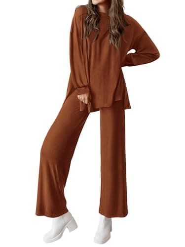 PRETTYGARDEN Womens Casual Spring Lounge Sets Long Sleeve Tops Wide Leg Long Pants Crewneck Two Piece Outfits Matching Set(Brown,Small) - Image 1