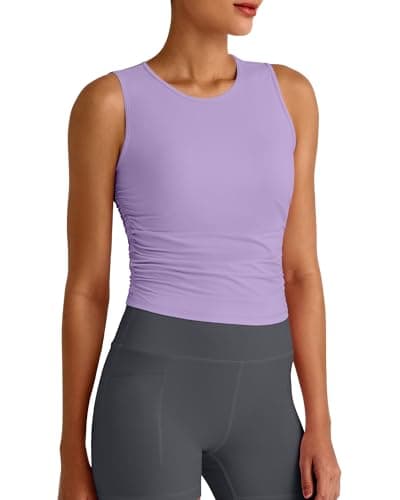 G4Free Women's Yoga Tops High Neck Ruched Side Slim Fit Workout Tanks Soft Running Top for Gym Tennis Exercise (Light Purple,XL) - Image 1