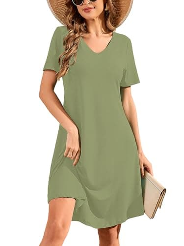 DEARCASE Short Sleeve T-Shirt Dress for Women Army Green X-Large V-Neck Spring Casual Loose Fall Summer Irregular Hem Wedding Guest Jersey Flowy Swing Sweater Tunic Short Dresses - Image 1