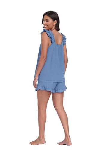 Lepunuo Pajamas 2 Piece Sets Ruffle Square Tank Top Shorts Sleepwear Sets Cute Bridal Pajama Outfits A- Blue - Thumbnail 6