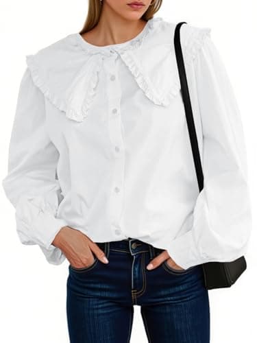 Tankaneo Womens Babydoll Button Down Shirts Peplum Puff Sleeve Blouse Fall Casual Doll Collar Tops White - Image 1