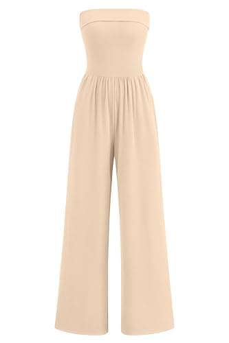 PRETTYGARDEN Strapless Wide Leg Jumpsuits for Women Dressy Casual Ribbed Knit Tube Rompers Jumper Vacation Summer One Piece Outfits (Apricot,XS) - Image 1