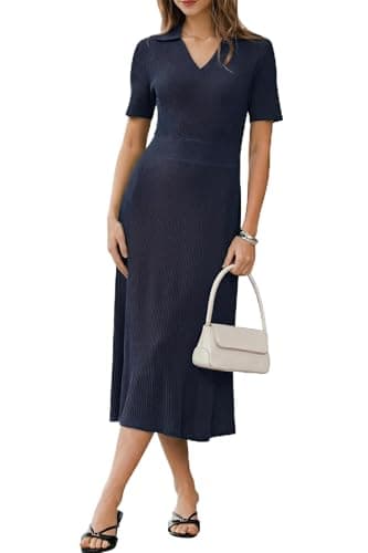 Arach&Cloz Women's Lyocell Blend Polo Clothing V Neck Knit Flowy A Line Empire Waist Spring Summer Fashion Business Casual Work Classy Short Sleeve Basic Modest Midi Dress 2026 Navy Blue XL - Image 1