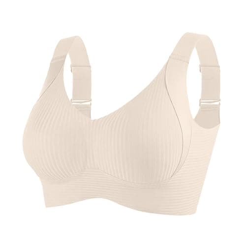 Bras for Women No Underwire Adjustable Bra Comfort Wireless Full Coverage Support Ribbed Push Up Senior Bra 2025 Khaki 2XL - Image 1