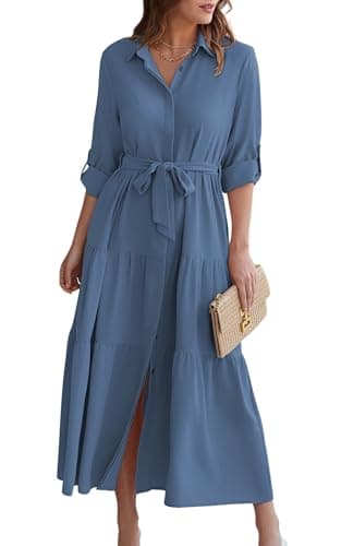 ECOWISH Women's Maxi Shirt Dress - 2024 Long Sleeve Button Casual Fall A-line Work Tiered Dresses with Belt and Pockets Gray Blue Small - Image 1