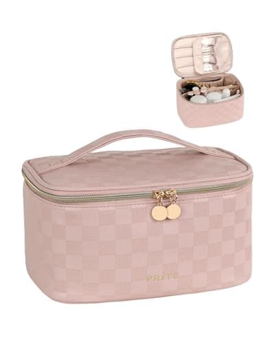 Prite Makeup Bag, Large Capacity Portable Travel Cosmetic Bag, Waterproof Makeup Organizer for Women with Handle and Divider (001 Checkered Pink) - Image 1
