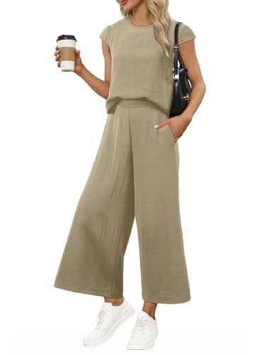 EVALESS 2 Piece Sets for Women Spring 2026 Vacation Outfits Beach Vacation Clothes Cap Sleeve Summer Tops Wide Leg Pants Matching Sets Women Clothing Khaki Large - Image 1
