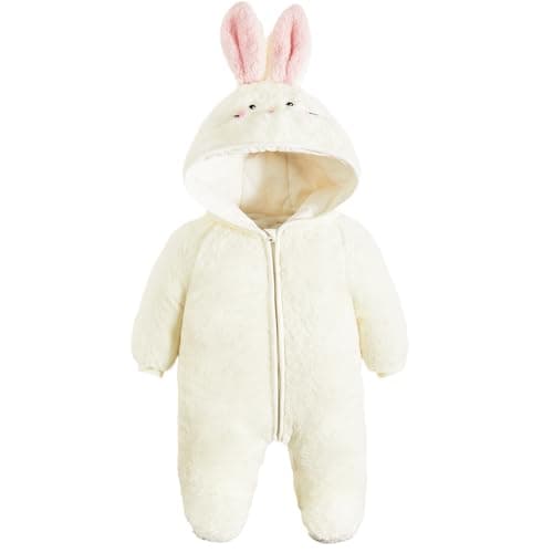 JiAmy Baby Fleece Snowsuit Animal Hooded Winter Romper Warm Footed Onesie Padded Infant Stroller JumpsuitBunny 6-9 Months - Image 1