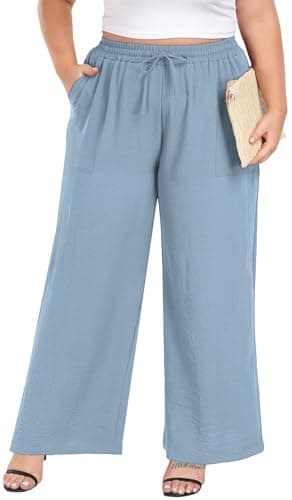 Lastshe Women Plus Size Pants High Waist Wide Leg Work Palazzo Trousers Casual Teacher Professional Outfits,Dust Blue,2X - Image 1
