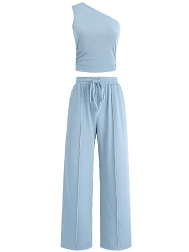 Casly Lamiit Two Piece Sets for Women Summer Spring Outfits Airport Travel Beach Vacation Off Shoulder Wide Leg Pants Set Loungewear 2026 Light Blue XS - Image 1