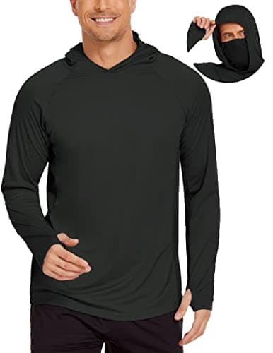 Men's Long Sleeve Fishing Shirts UPF 50+ Sun Protection Hoodie with Mask Quick Dry Hiking Neck Gaiter Hoodie UV Rashguards Solid Black - Image 1
