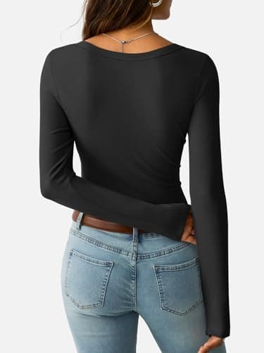 GKBK Women's Long Sleeve Tops Scoop Neck Ribbed Knit Slim Fitted Shirts Casual Basic Tee Shirts Lightweight Fall Sweaters 2025 Fashion Trendy Outfits Black - Thumbnail 4
