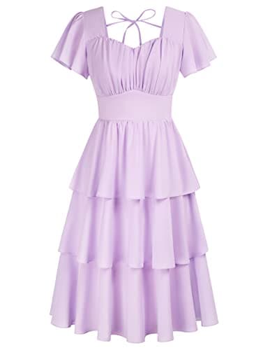 Belle Poque 1950s Retro Square Neck Smocked Waist Tiered Layered Dress Vintage A-line Swing Sundresses Purple 2XL - Image 1