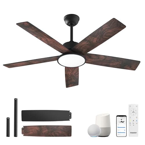 Ensenior 52 Inch Smart Ceiling Fans with Lights and Remote, Control via Alexa Google Voice App, 3000K-6000K Dimmable LED 6-Speed Reversible DC Motor Black Ceiling Fan for Bedroom Living Room, 5 Blades - Image 1