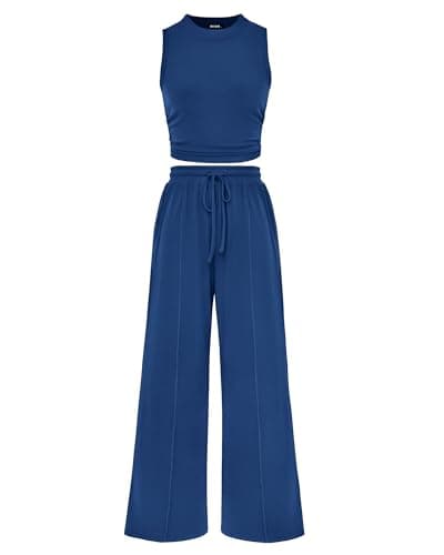 BTFBM Summer Outfits For Women 2026 Cropped Sleeveless Tank Tops Wide Leg Pants 2 Piece Sets Beach Lounge Set Clothing(Dark Blue, Small) - Image 1