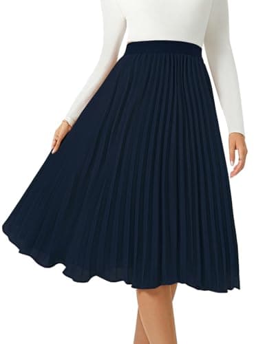 Women's Midi Skirt Elastic High Waist Pleated Skirt Knee Length Swing A-Line Casual Flowy Skirts 2025 Dark Navy,M