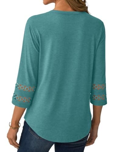GKBK 3/4 Length Sleeve Womens Tops Dressy Casual Blouses for Women 2026 Trendy Lace Tunic Business V Neck Outfits Loose Fit Tshirts Shirts Fall Summer Clothes Cyan M - Thumbnail 3