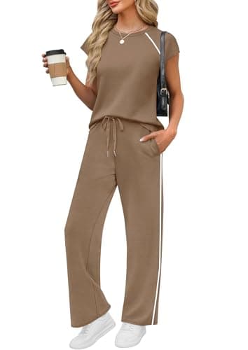 PRETTYGARDEN Women's 2 Piece Lounge Sets 2026 Summer Cap Sleeve Tops Wide Leg Pants Travel Outfits Matching Fashion Clothing (Khaki,X-Large) - Image 1