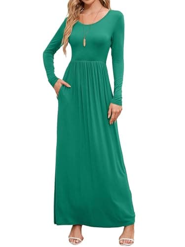 DEARCASE Maxi Dress for Women Jade Green Small Crewneck Long Sleeve Sundress A-line Plain Casual Vacation Empire Waist Flowy Party Vintage Spring Fall Winter Floor Dresses with Pockets - Image 1