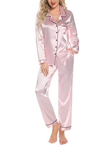 Pjmlifecoco Button Down Pajamas Women Silk Satin Pajama Set Long Sleeve Soft 2 Piece Pjs Solid Cozy Sleepwear Pink - Image 1