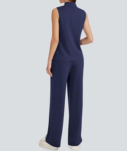 Casly Lamiit Two Piece Lounge Sets for Women Travel Outfits Casual Track Suit Sleeveless Tops Wide Leg Pant Summer Tennis Set Activewear Navy Blue XS - Thumbnail 5